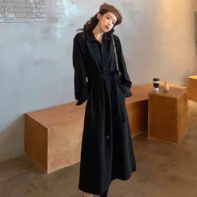 ワンピース ロング レディース 長袖 襟付き 体系カバー 大きいサイズ ゆったり 秋冬 クラシック レトロ シャツワンピース マキシ丈 30代 カジュアル 旅行 お出かけ デート ブラック
