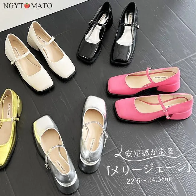 メリージェーン パンプス 太めヒール スクエアトゥ パンプス ストラップ ストラップシューズ 厚底 おしゃれ 可愛い カジュアル 歩きやすい 結婚式 シルバー老人の日
