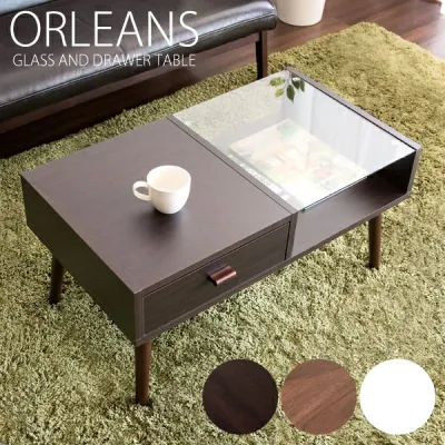 天然木 センターテーブル ORLEANS オリンズ CT-845 幅80cm 奥行44.5cm 高さ41cm 引出し ガラス天板 収納付き リビング ダイニング 棚 ラック ソファテーブル テーブル 机 デスク 収納 大容量 リビングテーブル コーヒーテーブル カフェテーブル おしゃれ スリム 新生活 北欧