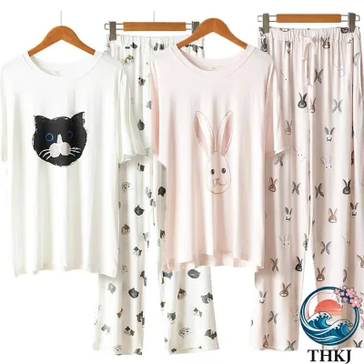 【全品5%ポイント】可愛いパジャマセット レディースパジャマ 上下セット モダールパジャマ 猫柄 うさぎ柄 可愛いルームウェア 半袖 ナイトウエア 部屋着セット クールネック カジュアル ゆったり