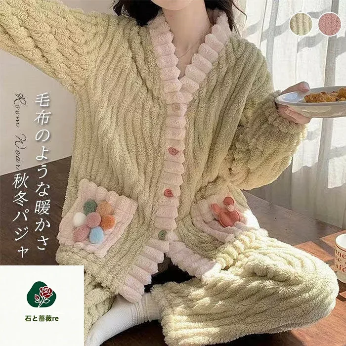 Roomwearสตรีแขนยาวชุดนอนฤดูหนาวน่ารักปุยปุยBoaหนาป้องกันความเย็นผ้าห่มเก็บความร้อนชุดนอนชุดฤดูหนาวชุดนอนสักหลาดด้านบนและด้านล่างชุด2ชิ้นชุดเสื้อคลุมฮาโอริLoungewearชุดนอนผู้ใหญ่น่ารักHomewearสวมใส่ในร่มอบอุ่นนุ่มฤดูใบไม้ร่วง/ฤดูหนาวจัดส่งฟรี