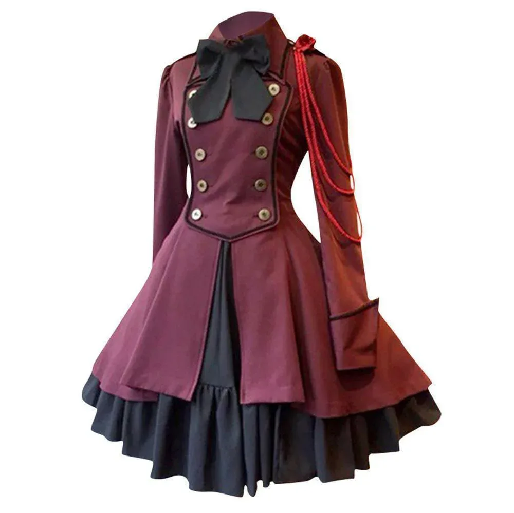 ロリータ ワンピース レディース 長袖 フレア かわいい リボン付き ミリタリー風 ダブルボタン ゴシック ロリータファッション コスプレ 衣装 文化祭 学園祭 イベント ハロウィン 仮装 レトロ フォーマル 通勤 通学 大きいサイズ S〜XXXXXL レッド パープル ブルー ブラック