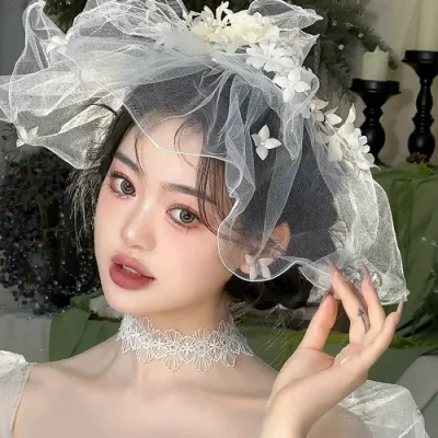 花嫁 結婚式 髪飾り ウエディングベール ヘッドドレス 花 ブライダル チュール リボン 韓国風 カチューシャ パーティー 二次会 披露宴 前撮り 後撮り 演奏会 謝恩会 演出 お呼ばれ 舞台 成人式 写真用 撮影用 ヘアアクセサリー 白 かわいい シンプル エレガント 森ガール