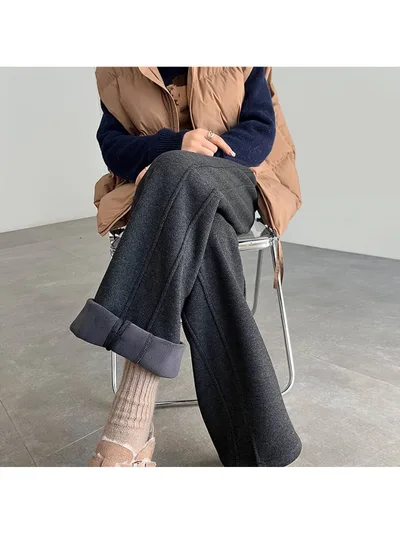 【暖か裏起毛】ヘリンボーン ワイドパンツ レディース 秋冬 裏ボア 暖かい ストレートパンツ ハイウエスト 美脚 センタープレス タック