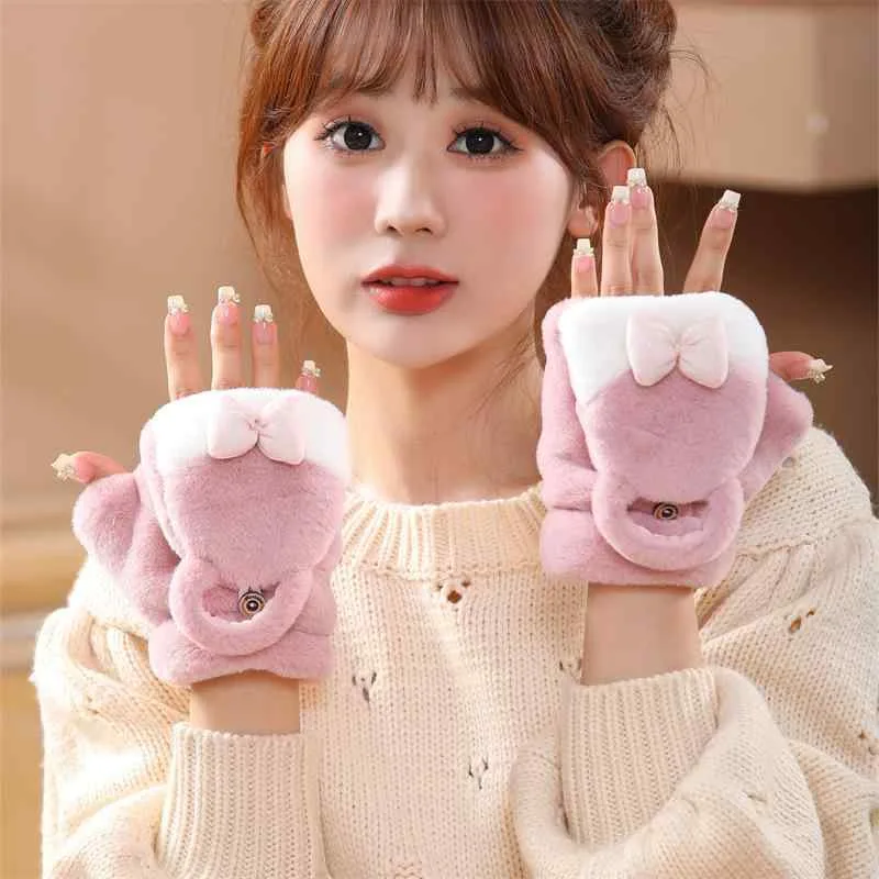 かわいい 韓国風ファッション 防寒 学生 レディース リボン ポリエステル ミトン型 グローブ ふわふわ あったか 女性用 通学