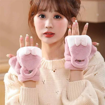 かわいい 韓国風ファッション 防寒 学生 レディース リボン ポリエステル ミトン型 グローブ ふわふわ あったか 女性用 通学