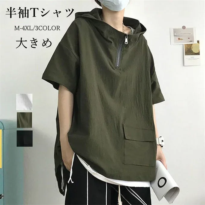 半袖Tシャツ メンズ tシャツ フード付き オーバーサイズ パーカー スウェット サマー 涼しい プルオーバー レイヤード ビッグシルエット ストリート 大きめ ゆったり 無地 カジュアル レイヤード風 重ね着 ビッグシルエット ファッション 夏 送料無料
