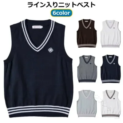 ニットベスト スクールベスト ライン入り ベスト Vネック 制服 高校生 中学 女の子 レディース 学生服 ショート丈 ノースリーブ プルオーバー 重ね着 柔らかい あったか シンプル おしゃ