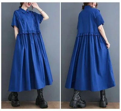 シャツワンピース 半袖 切替ワンピース ロングワンピース レディース 夏 Aライン ロング丈 シャツワンピ フリル付き ギャザー ワンピース 大きいサイズ ゆったり 体型カバー ロングワン