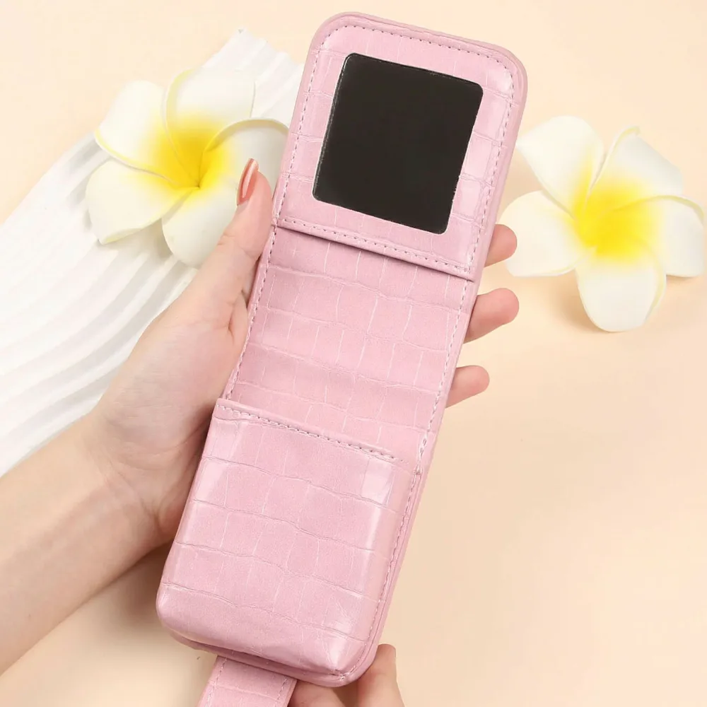 PUレザー ワニ革調 高級感 軽量 コンパクトポーチ ミラー付き ミニサイズ 携帯用 化粧直し リップケース 収納力 シンプルデザイン お出掛け用 プレゼント