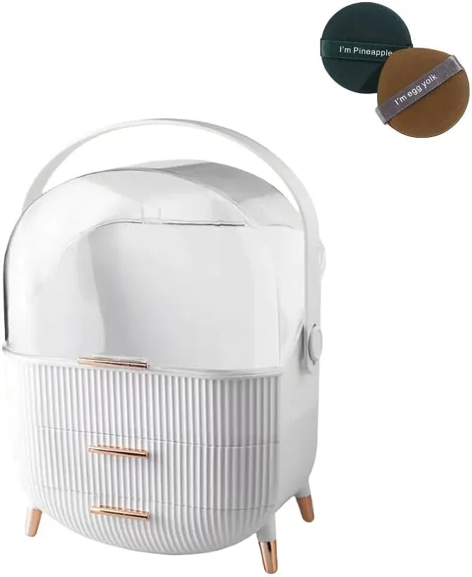 メイクボックス 化粧品収納ボックス コスメ収納 化粧品ケース 大容量メイクボッ 蓋付き 防塵 防水 引き出し付き 浴室 洗面所収納 3段式 引き出し付き 【贈り物:スポンジパフ 】整理簡単 持ち運び簡