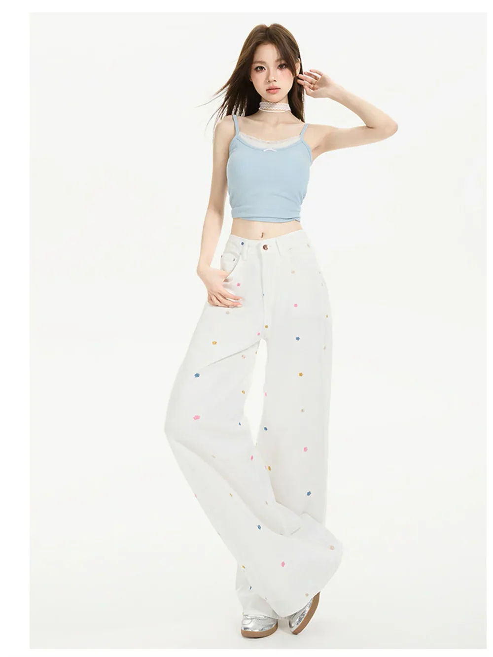 デニム パンツ レディース ジーンズ ジーパン ワイドパンツ ストレート ズボン ボトムス ハイウエスト 白 ホワイト 花柄 刺繍 フラワー カラフル ゆったり 体型カバー 脚長効果 美脚 着痩せ 大きいサイズ カジュアル 通学 春 夏 秋 韓国風 おしゃれ 可愛い