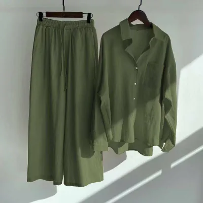 セットアップ レディース 2点セット 長袖シャツ ワイドパンツ リネン調 シャツセットアップ パンツセットアップ 開襟シャツ ブラウス ロングパンツ イージーパンツ 上下セット ゆったり ビッグシルエット 体型カバー 大きいサイズ 大人カジュアル 春 夏 秋
