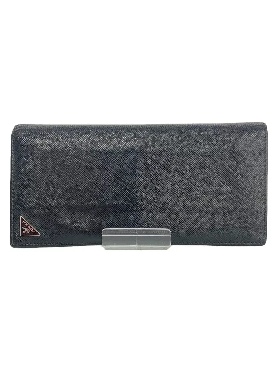 【中古】PRADA◆長財布/レザー/BLK/メンズ/サフィアーノ/トライアングルロゴ/ファスナー引手欠損【服飾雑貨他】
