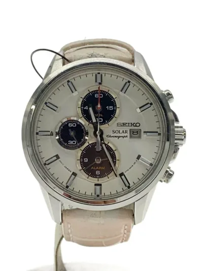 【中古】SEIKO◆ソーラー腕時計/アナログ/レザー/WHT/PNK/V172-0AR0/ベルト変色有【服飾雑貨他】