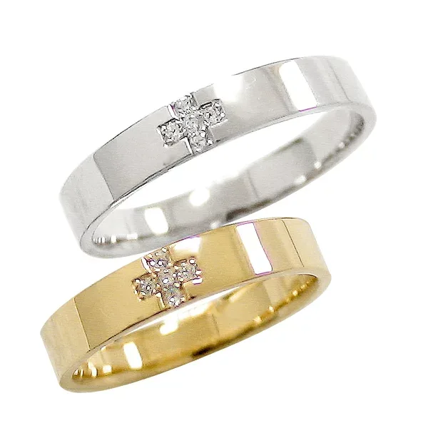 結婚指輪 ゴールド クロス ダイヤモンド ペアリング イエローゴールドK18 ホワイトゴールドK18 マリッジリング 十字架 18金 2本セット ペア 文字入れ 刻印 可能 婚約 結婚式 ブライダル おすすめ プレゼント