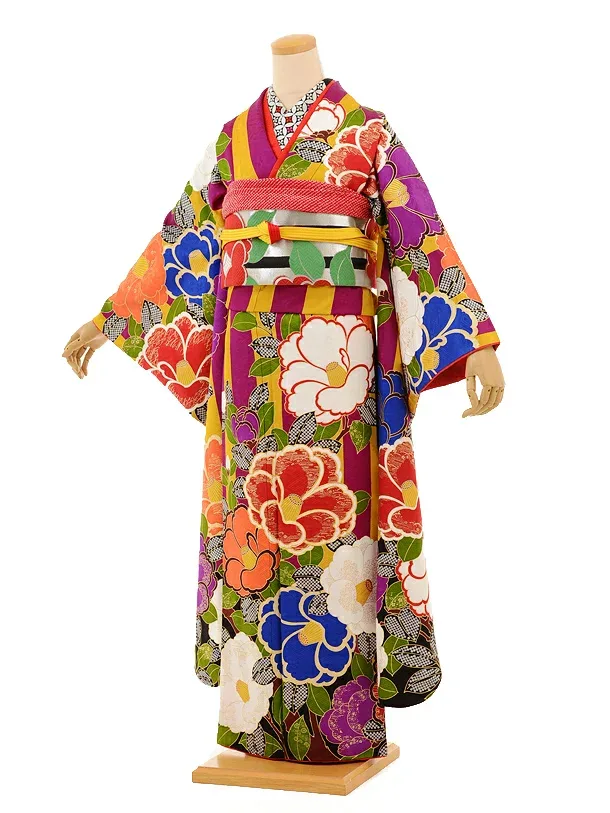 【レンタル】〔振袖〕〔貸衣装〕振袖レンタル942 AMIAYA×紅一点からし×紫縞椿〔結婚〕〔卒業式〕〔フルセット〕〔rental〕〔振り袖〕〔往復送料無料〕〔新品足袋プレゼント〕〔女性和服〕〔フリソデ furisode〕〔振り袖〕〔振袖 セット〕