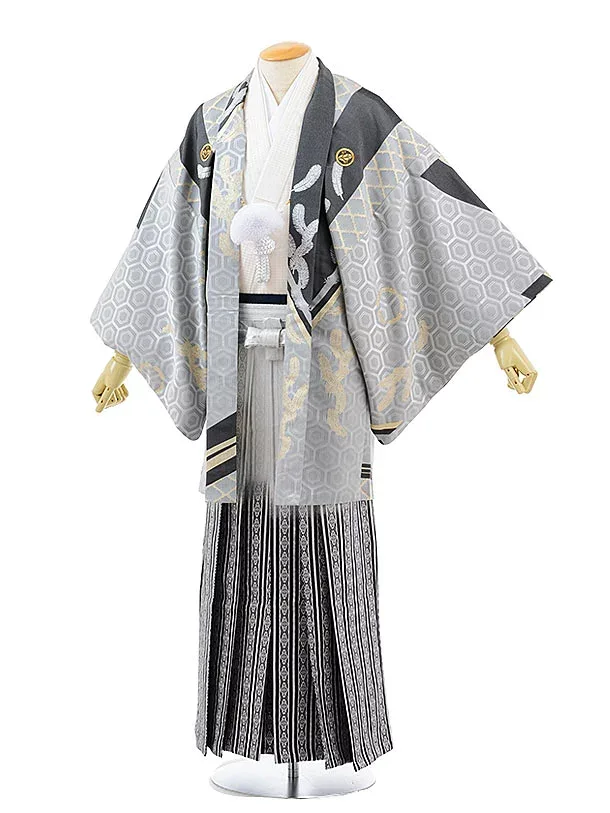 【レンタル】(男性袴 レンタル)〔レンタル 紋付き袴 〔成人式 レンタル 男性用袴レンタル1AF0187 グレー亀甲羽根 x 白黒縞袴(L)/170~175〔成人式 袴 レンタル 男 〔結婚式 〔メンズ袴 〔新郎袴 〔成人式 〔フルセット 【往復送料無料】