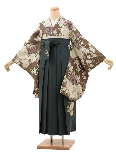卒業式 袴 レンタル 女 女性 レンタル 卒業袴レンタル h1860 Kansai ブラウン梅花xブルーグレー ブランド 着物 レンタル 二尺袖 着物 袴 フルセット 女性 大人 大学生 専門学生 卒業式 謝恩会 新品足袋プレゼント 往復送料無料【レンタル】