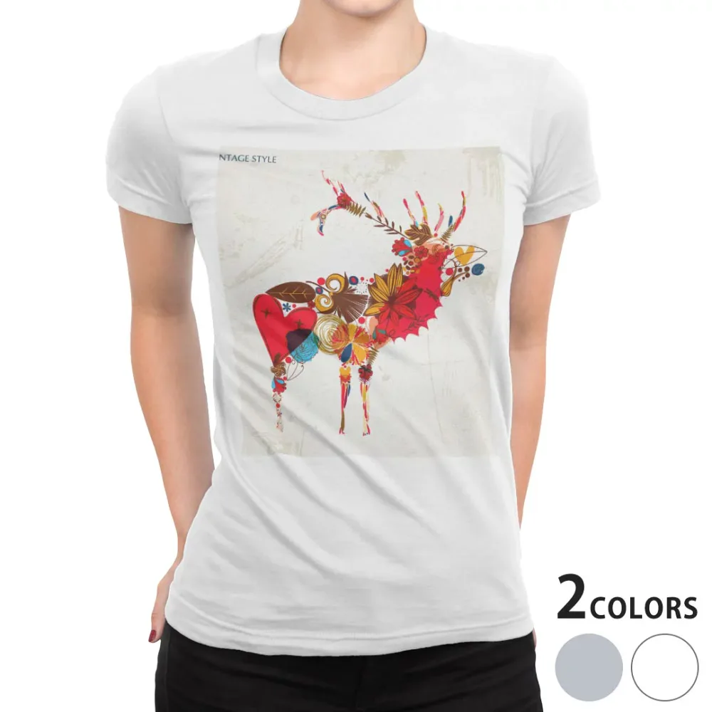 tシャツ レディース 半袖 白地 デザイン M L 白 ホワイト グレー Tシャツ ティーシャツ T shirt 007623 アニマル 花 フラワー ハート 鹿