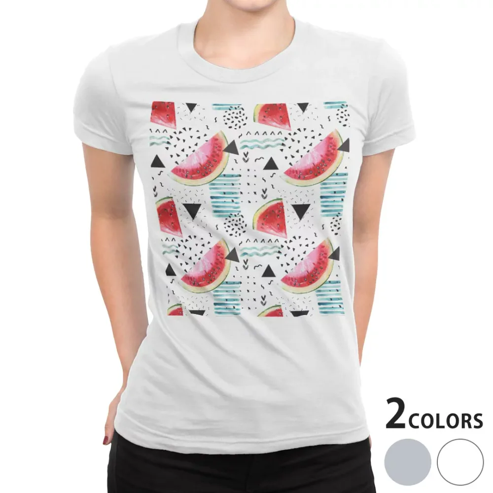 tシャツ レディース 半袖 白地 デザイン M L 白 ホワイト グレー Tシャツ ティーシャツ T shirt 014052 スイカ 模様 トロピカル