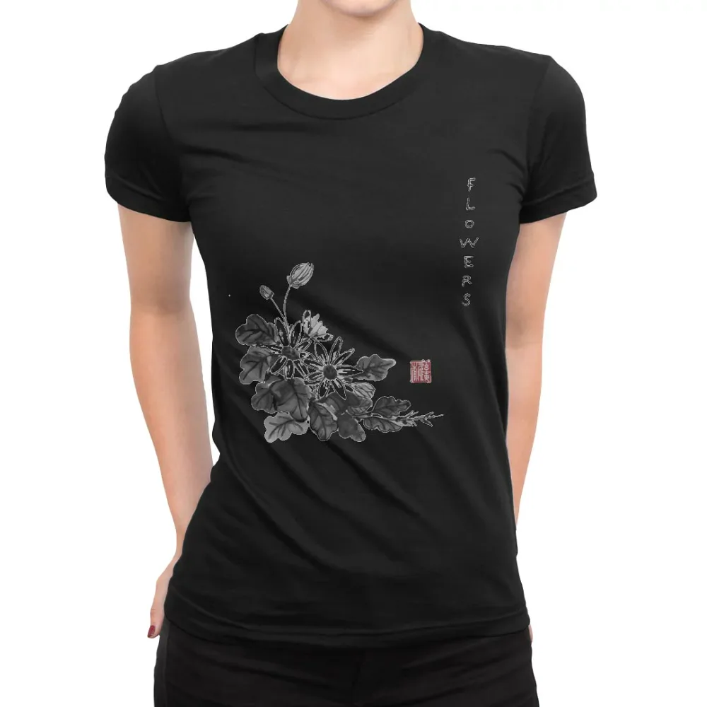 tシャツ レディース 半袖 ブラック 黒 デザイン S M L XL Tシャツ ティーシャツ T shirt 032065 水墨画 花