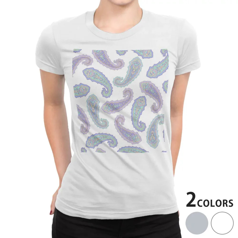 tシャツ レディース 半袖 白地 デザイン M L 白 ホワイト グレー Tシャツ ティーシャツ T shirt 010163 ペイズリー 紫