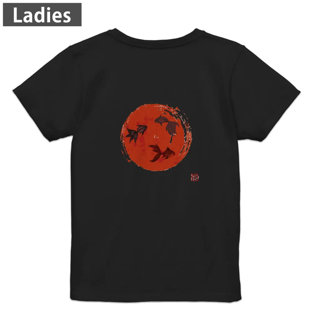 Tシャツ レディース バックプリント 半袖 ブラック 黒 デザイン M L tシャツ ティーシャツ T shirt 032068 水墨画 金魚 日の丸