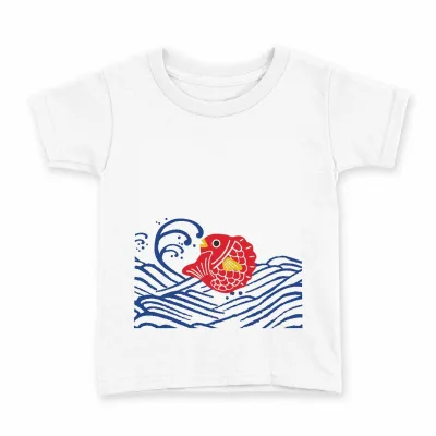 tシャツ キッズ 半袖 白地 デザイン 140 サイズ Tシャツ ティーシャツ T shirt 015289 海 波 鯛 鯉 絵