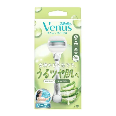 【送料お得・まとめ買い×3個セット】ジレット ヴィーナス うるツヤ肌 敏感肌むけ 5枚刃 本体 (ハンドルのみ) 1本 + 替刃 2個