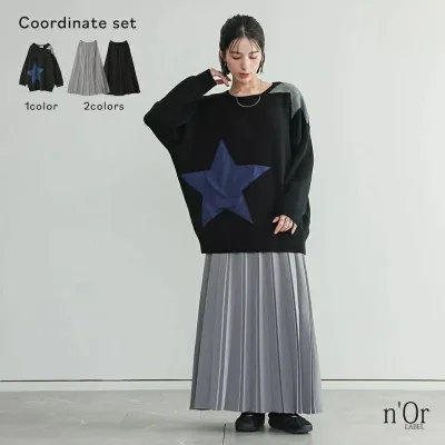 セーター ロング丈 秋 プリーツスカート クルーネック 【メール便不可】【60】 レディース 冬 星柄 トップス ボトムス ジャカード 長袖 ニット 2025 スカート 2点コーデセット オシャレウォーカー