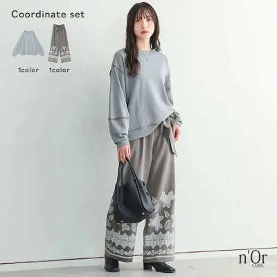 パンツ トレーナー クルーネック スウェット 冬 ランタンスリーブ 長袖 配色 レディース 春 【メール便不可】【60】 ロング丈 2026 秋 2点コーデセット メロー ストレート レース柄 オシャレウォーカー