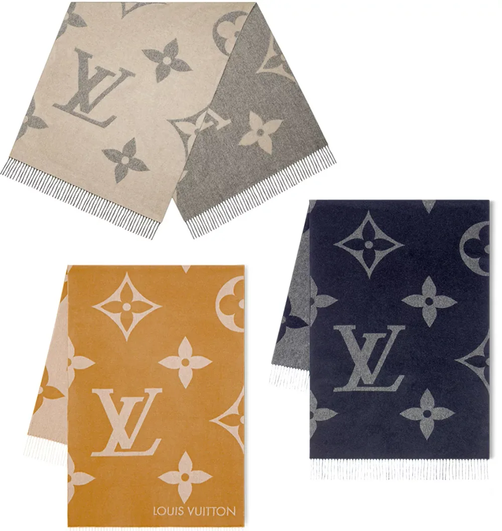 LOUIS VUITTON ルイヴィトンメンズ レディース カシミヤマフラーオーバーサイズシグネチャーLVロゴモノグラムパターン ダークネイビー グレージュ ブラウンエシャルプモノグラム ジャイアントフリンジ付きルイビトン ストール