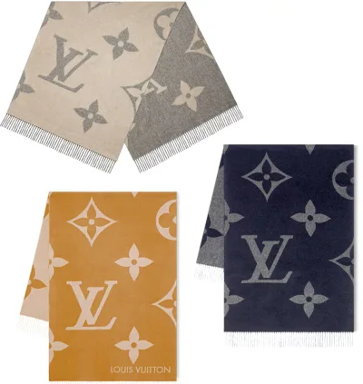 LOUIS VUITTON ルイヴィトンメンズ レディース カシミヤマフラーオーバーサイズシグネチャーLVロゴモノグラムパターン ダークネイビー グレージュ ブラウンエシャルプモノグラム ジャイアントフリンジ付きルイビトン ストール