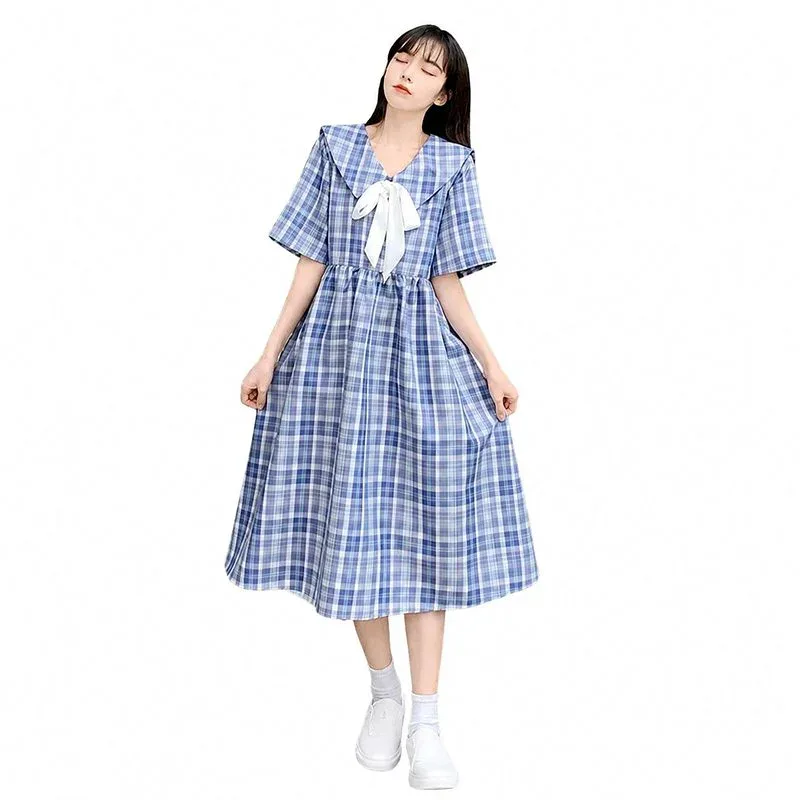 セーラーカラー ワンピース チェック柄 レディース セーラー襟 ロングワンピース 半袖 リボン付き スクール風 ロング丈 カジュアル 森ガール ハイウエスト 体型カバー ゆったり 通学 お出かけ 春夏