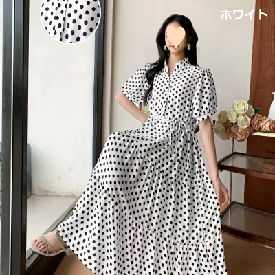 ティアードワンピース パフスリーブ 半袖 ドット柄 おしゃれ レディース 可愛い フェミニン ワンピ ドレス ハイウエスト ロングワンピ