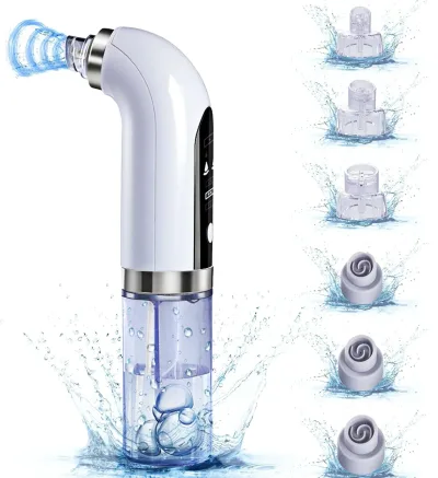 毛穴吸引器 【水槽分離毛穴洗浄型】 真空吸引技術 水流式 美容液対応 美顔器 クリーナー 6種類吸引ヘッド 【シリコンヘッド ハードヘッド】 3段階吸引力 USB充電式 LEDディスプレイ 男女兼用 日本語取扱説明書(ホワイト)