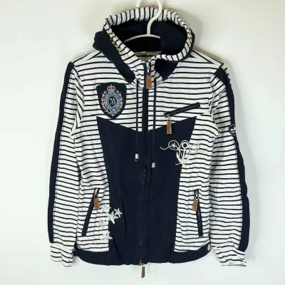 【中古・未使用品】Chriwen クリューベン SHELLY 長袖 ジップシャツ S ホワイト/ブルー(ネイビー) CW-19-14 レディース 乗馬 馬術 フード付