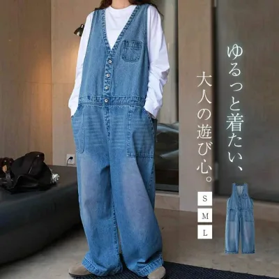 デニムサロペット サロペット パンツ オールインワン レディース 綿100% 春 秋 デニム ワイドパンツ コットン ノースリーブ 重ね着 きれいめ 大きいサイズ カジュアル おしゃれ 体型カバー ゆったり 着痩せ オーバーオール ナチュラル 女性 お呼ばれ レイヤード風