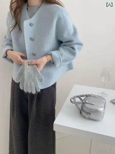 ウールコート レディース ショート丈 アウター ダブルフェイス ウール混 メタルボタン ゆったりシルエット 通勤 通学 暖かい 防寒 シンプル 無地 体型カバー 着回ししやすい 秋冬物 上着 普段使い