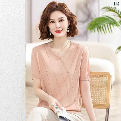 Knit cut and sew for women, short sleeve, summer knit, thin top, half sleeve, crew neck, cool, stretchy, neat, body coverage, loose, office, casual, commuting to work, school, going out, simple, soft, breathable, not stuffy