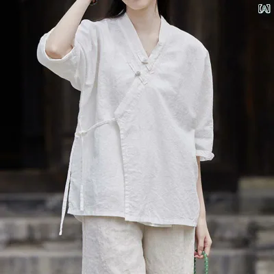 シャツ レディース トップス チャイナ服 七分袖 コットン混紡 和風 羽織り 前開き 軽量 通気性 柔らかい 涼しい 快適 散歩 普段着 漢服風 茶芸服 無地 カジュアル ゆったり 体型カバー