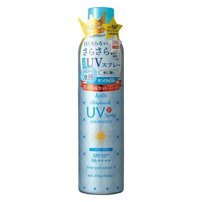 アジャステ エアリータッチUVスプレー クリーンシャボン 200g T4550668780845 UVスプレー 日焼け止めスプレー 髪用UV 全身用UV 軽い日焼け止め クリーンシャボン 紫外線対策 メイクの上から使える 大容量UV アウトドアUVケア 冷感スプレー SPF50+ PA++++