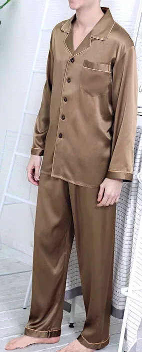 【L・ XL 】【アウトレット】シルク パジャマ メンズ 長袖 19匁シルク100% 無地 茶色 ブラウン 絹100% 【 送料無料 】 あす楽対応 sale 値下げ 割引 特価 セール 在庫処分 アウトレット 訳あり