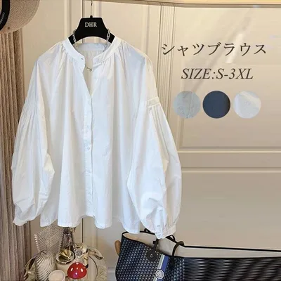 春秋 体 長袖シャツ 長袖 トップス シャツブラウス ブラウス チュニック レディース 無地 バルーン袖 バルーンスリーブ ギャザー