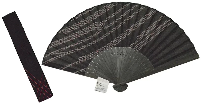 布扇子(ケース付き) 線路 黒×赤 【扇子入れ付き】【赤黒】【浴衣】【和雑貨】【folding fan】【電車】【レディース】【メンズ】【女性】【男性】