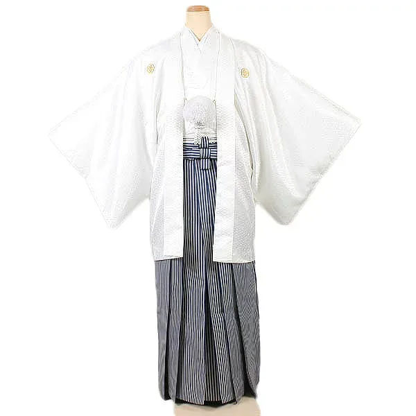 【レンタル】【紋付袴 白地×紺縞】160cm〜165cm 紋付袴|袴|レンタル|紋付セット|レンタル紋付|着物レンタル|貸衣装|結婚式|披露宴|和婚|新郎|卒業式|パーティー|男|和服|安い|往復送料無料