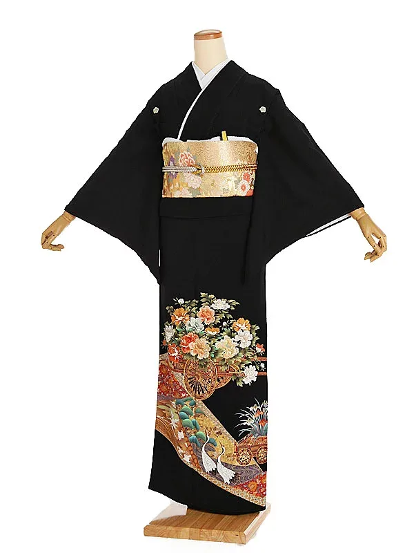 【レンタル】【黒留袖 花車屏風絵 蔦(つた)紋】正絹 留袖 着物レンタル 結婚式 披露宴 貸衣装 貸衣裳 フルセット 女性 和服 母親着物 祖母 親族 新婦姉妹 和装婚 和婚 神社 ホテル式場 五つ紋 第一礼装 チャペル 往復送料無料 t248