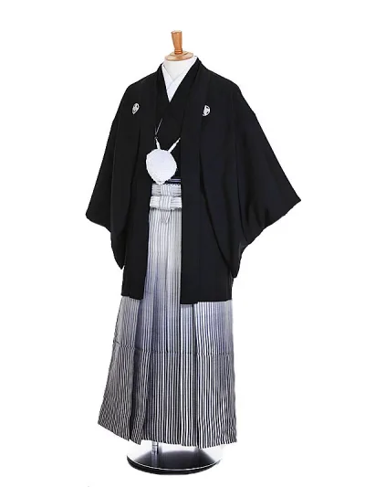 【レンタル】【成人式紋付袴 黒系×黒銀縞ぼかし】正絹 紋付袴レンタル 男着物 袴 レンタル 紋付フルセット レンタル紋付 着物レンタル 貸衣装 成人式着物 男 男性用袴レンタル 二十歳 ハタチ 和服 安い 往復送料無料 メンズ mt93s