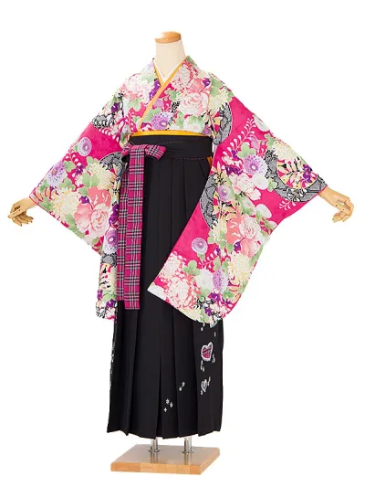 レンタル 卒業袴 身長:158〜163cm ピンク系 着物 × 刺繍 黒 袴 女性 二尺袖 女袴 卒業式 n-0790